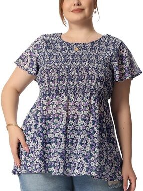 Agnes Orinda Smocked Floral Babydoll Top 4X